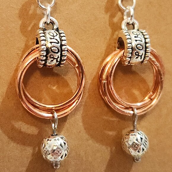 Artisan Crafted Bright Silver and Copper & Silver Spiral Chain Maile Earrings - Picture 7 of 10